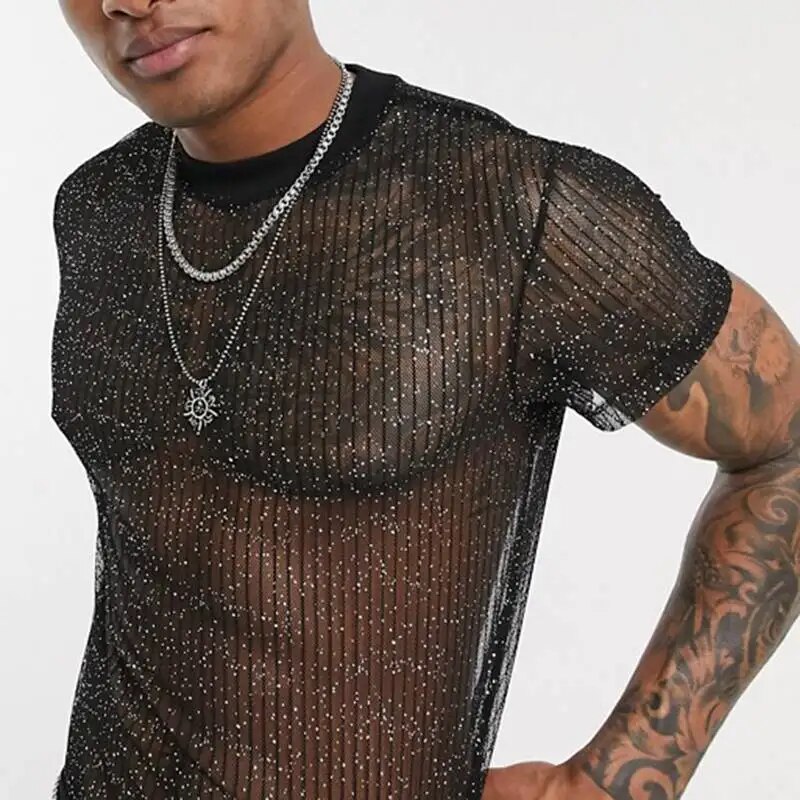 come4buy.com-Mænd kortærmet mesh skjorte | Sexet T-shirt til natklub